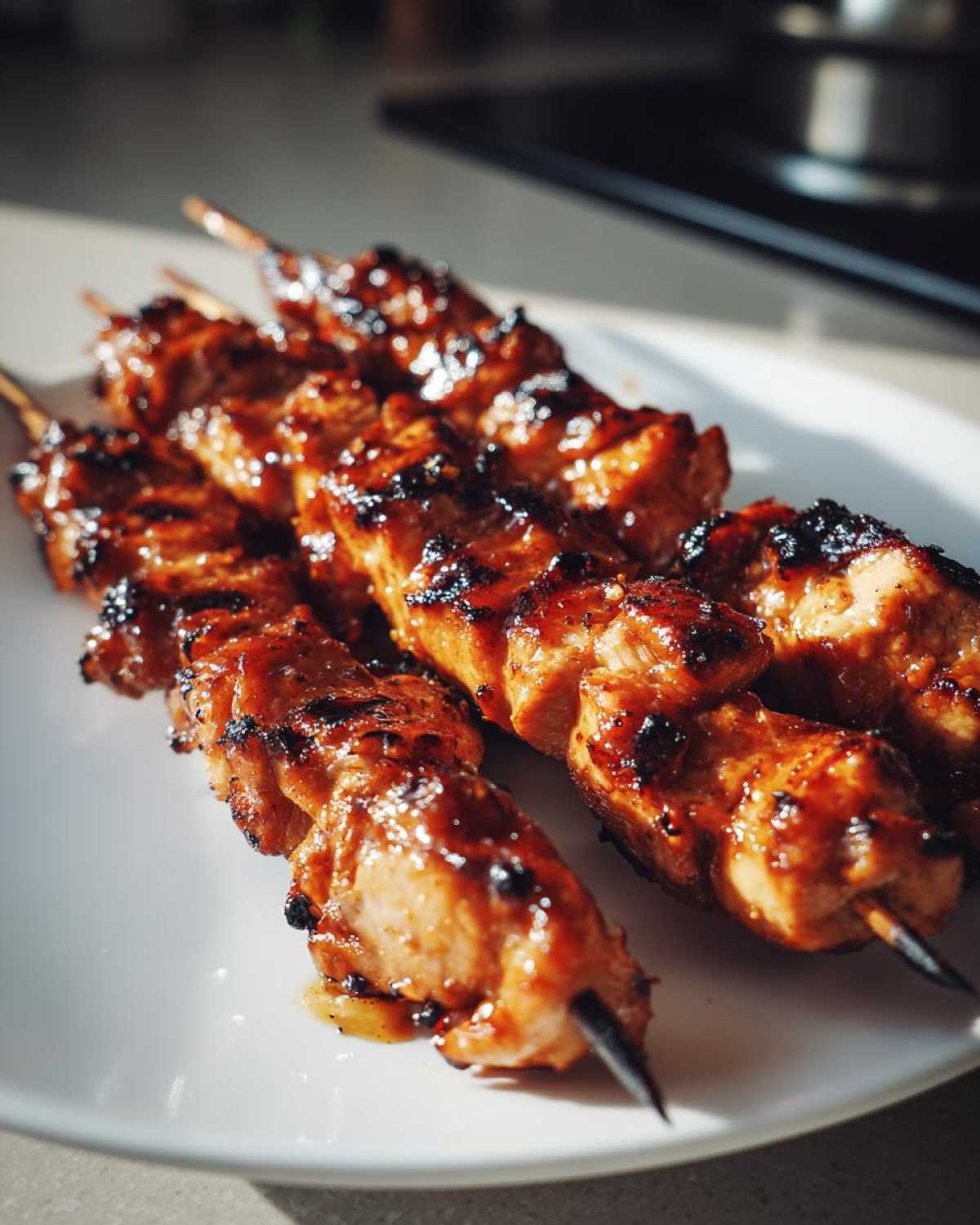 Close-up of four glistening, grilled honey garlic chicken skewers resting on a white plate.