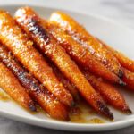 Close-up of perfectly cooked, shiny honey glazed carrots resting in a sweet glaze on a white serving dish.