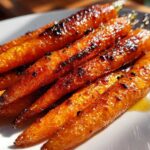 Close-up of several perfectly cooked honey glazed carrots with a shiny, caramelized coating resting on a white plate.