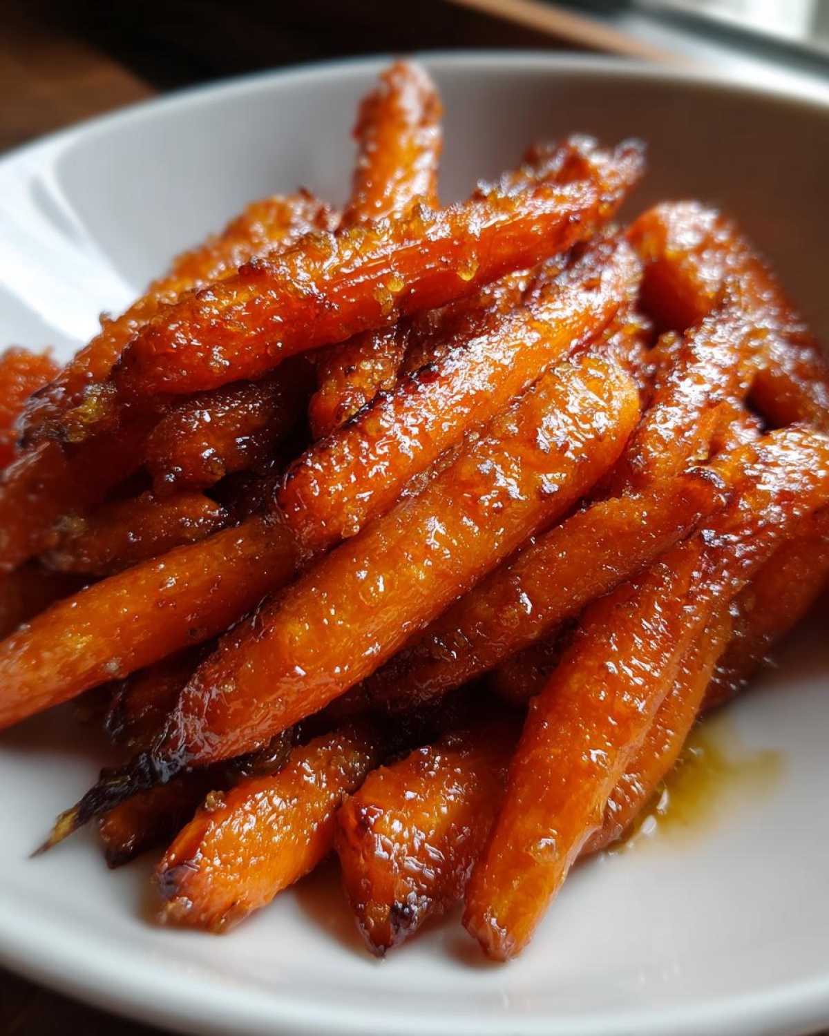 A close-up of vibrant, glossy honey glazed carrots piled high in a white serving bowl.