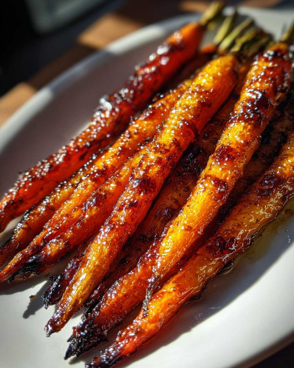 A close-up shot of perfectly roasted honey glazed carrots, shiny and caramelized, served on a white platter.