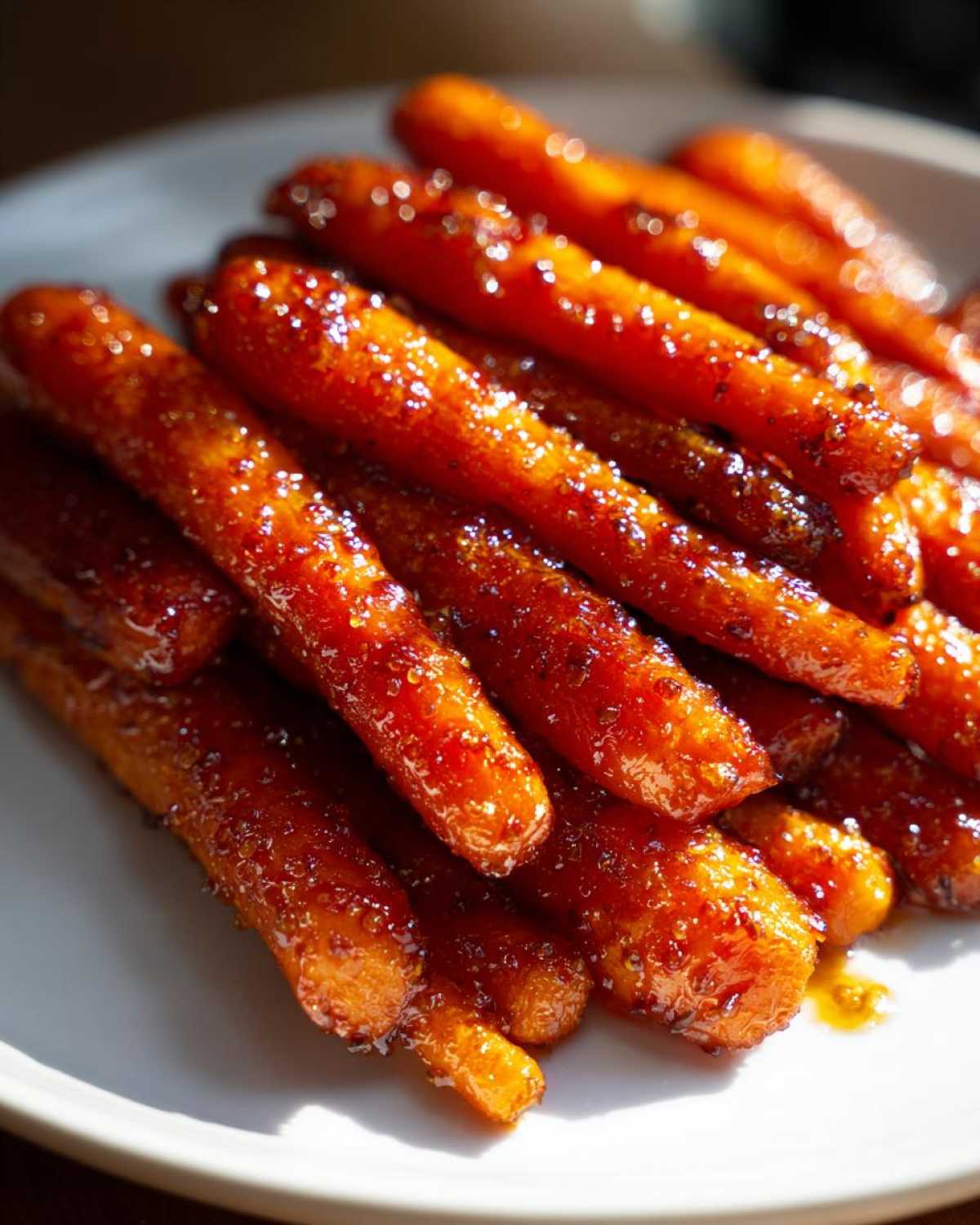 Close-up of bright orange, glistening honey glazed carrots piled on a white plate under bright light.