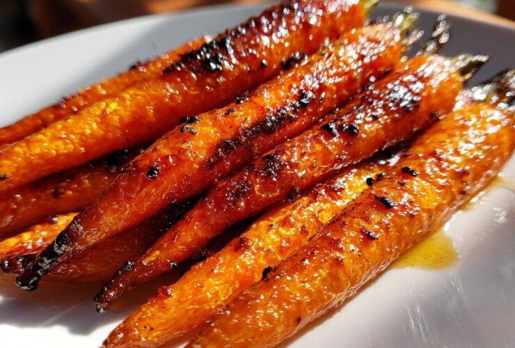 Close-up of several perfectly cooked honey glazed carrots with a shiny, caramelized coating resting on a white plate.