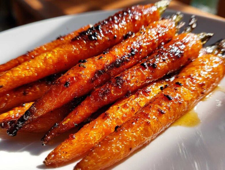 Close-up of several perfectly cooked honey glazed carrots with a shiny, caramelized coating resting on a white plate.