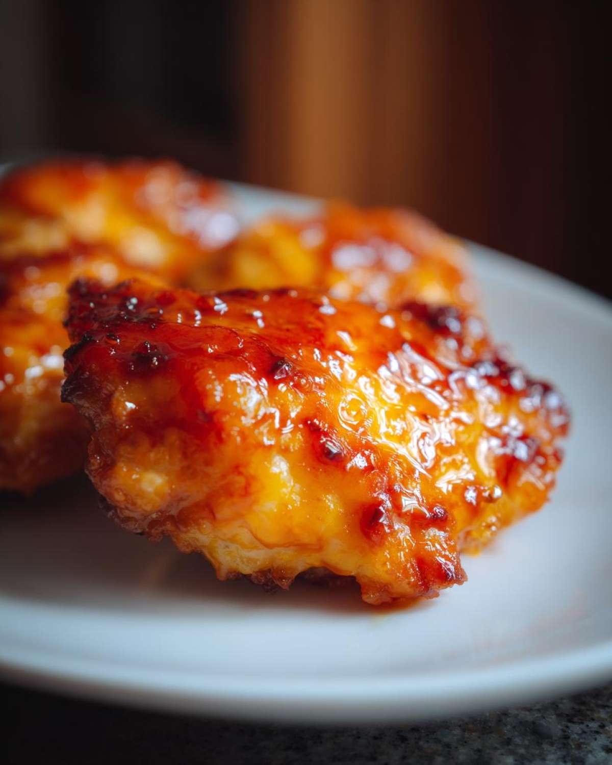 Close-up of a piece of crispy hot honey chicken coated in a shiny, sticky orange glaze.