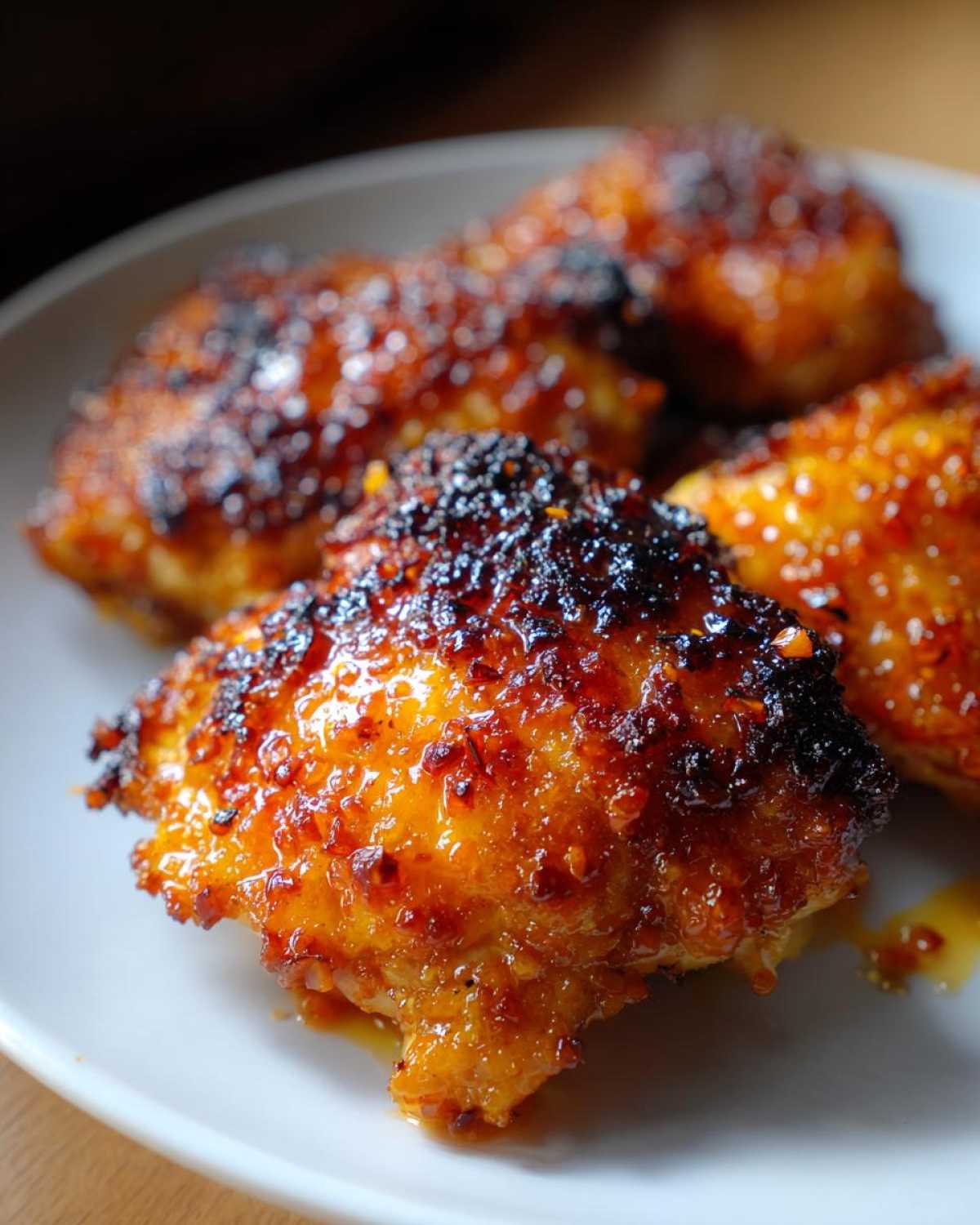 Close-up of crispy, glazed pieces of hot honey chicken with a dark, caramelized, and sticky coating.