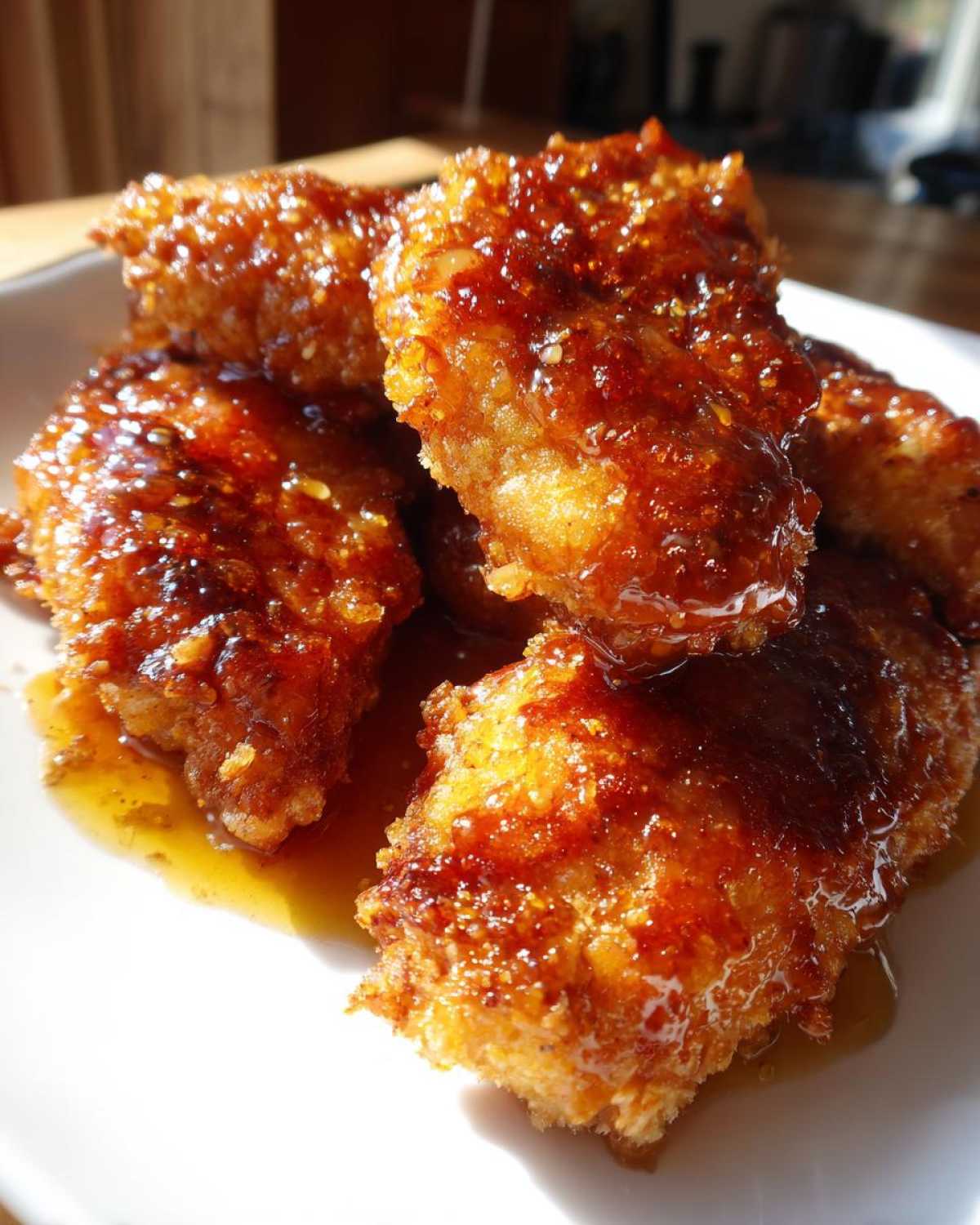 Close-up of crispy, golden hot honey chicken tenders heavily coated in a shiny, amber glaze.