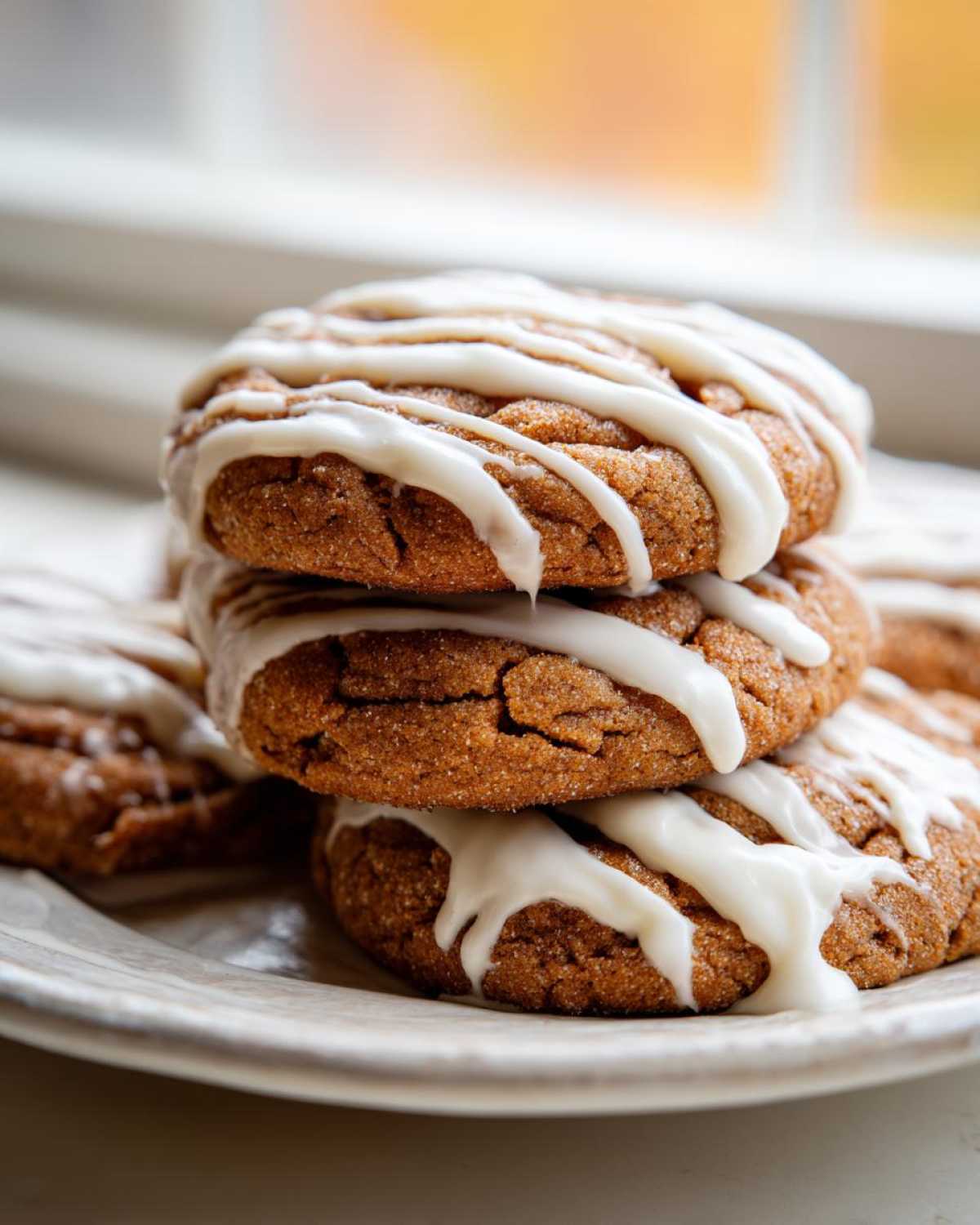 A stack of three rich, brown cinnamon roll cookies topped with thick white icing drizzle.