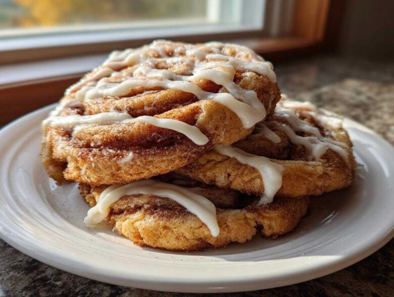 A stack of three freshly baked cinnamon roll cookies, generously drizzled with white icing, sitting on a white plate.