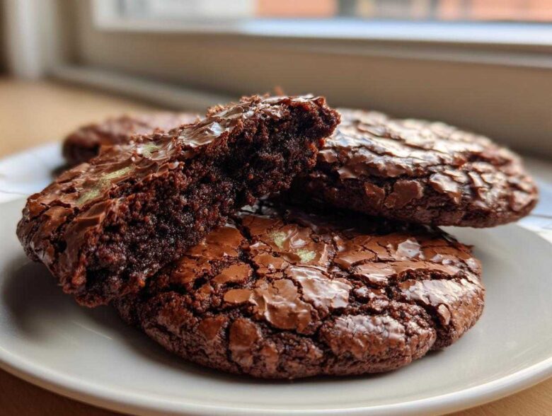 Close-up of fudgy brownie cookies, one broken in half to show the rich interior texture.