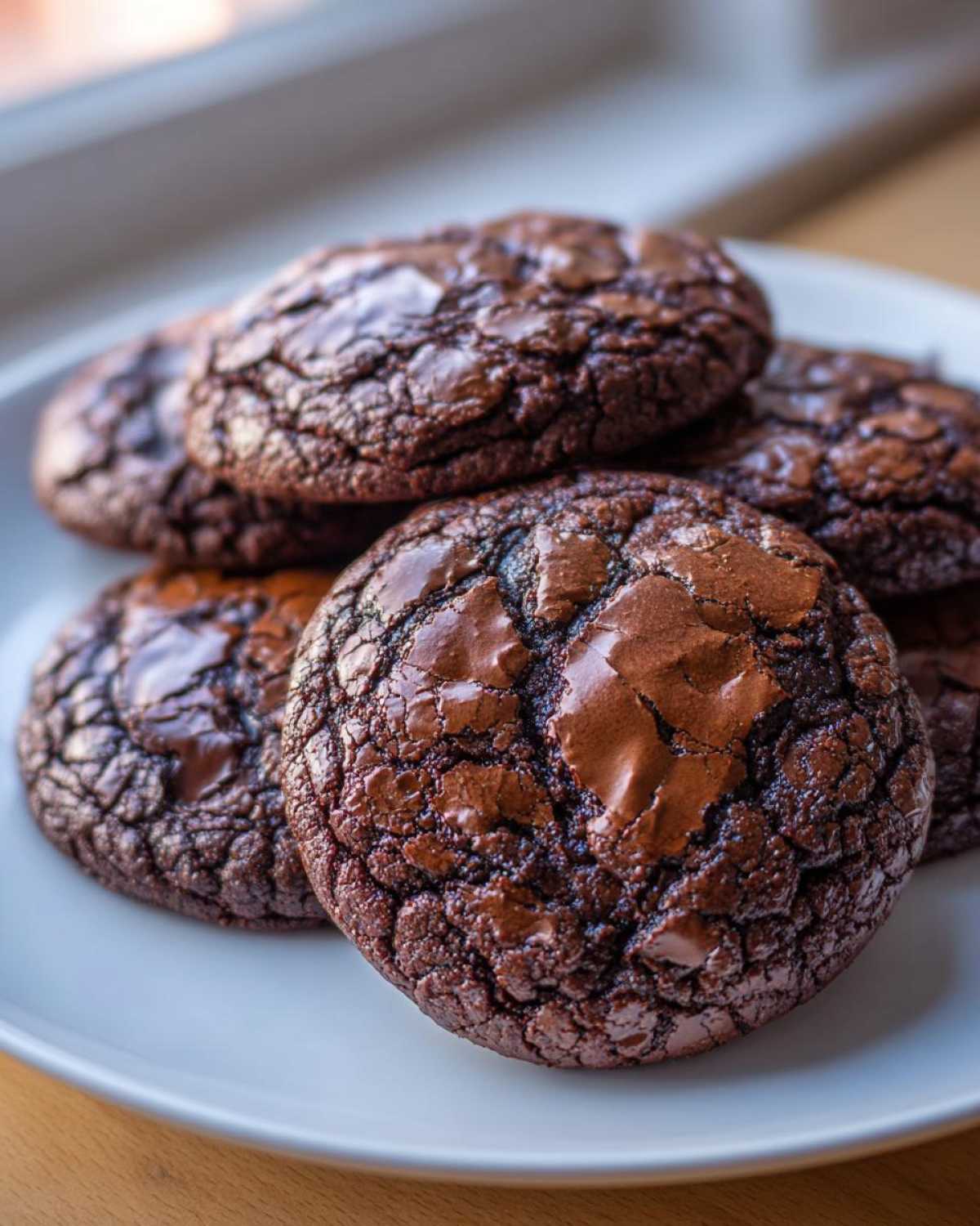A stack of rich, dark chocolate brownie cookies featuring shiny, cracked tops, served on a white plate.