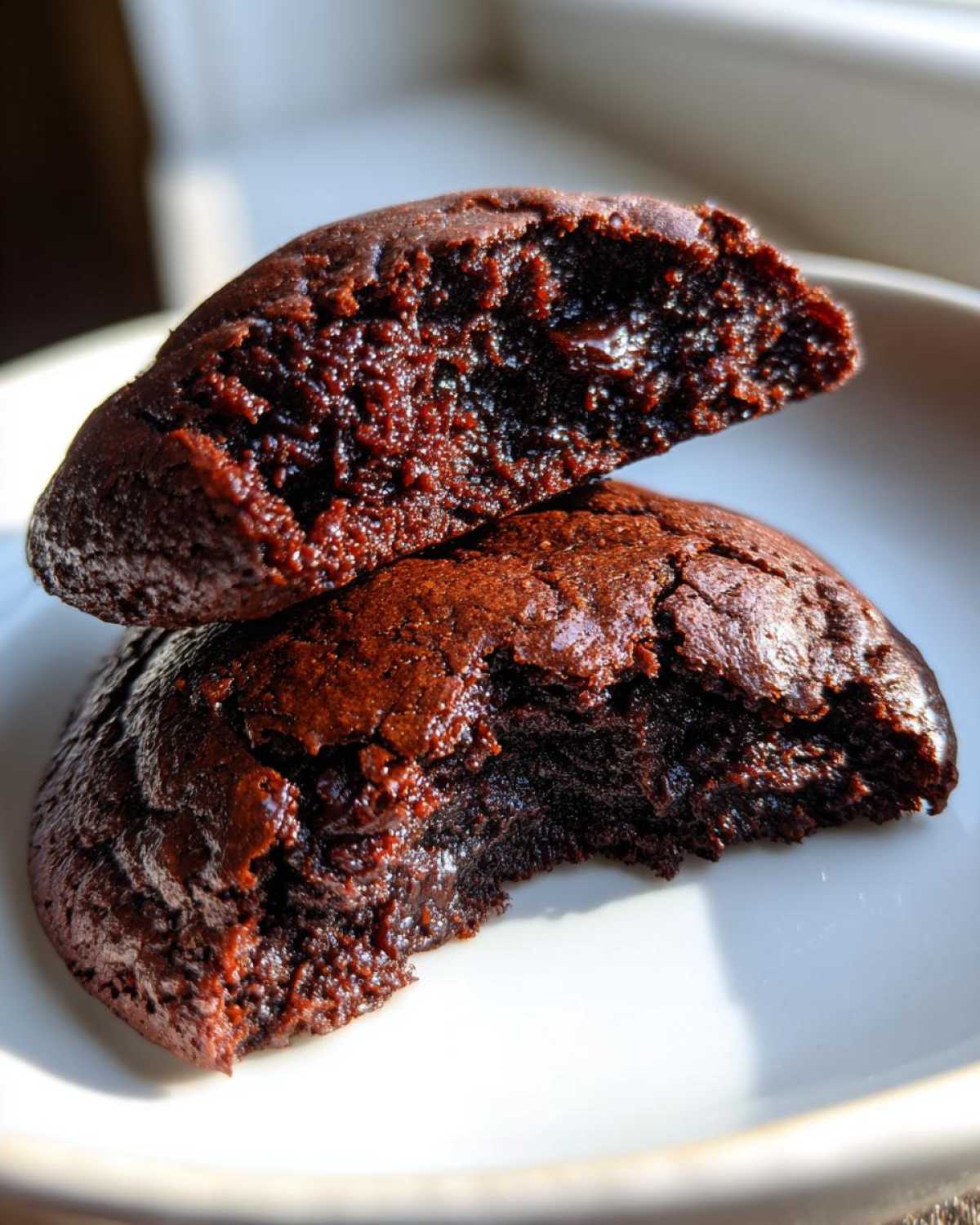 Close-up of two fudgy brownie cookies stacked, showing the intensely moist and gooey center of the brownie cookies.