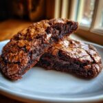 Close-up of two halves of a rich, fudgy brownie cookie, showing melted chocolate chips inside.