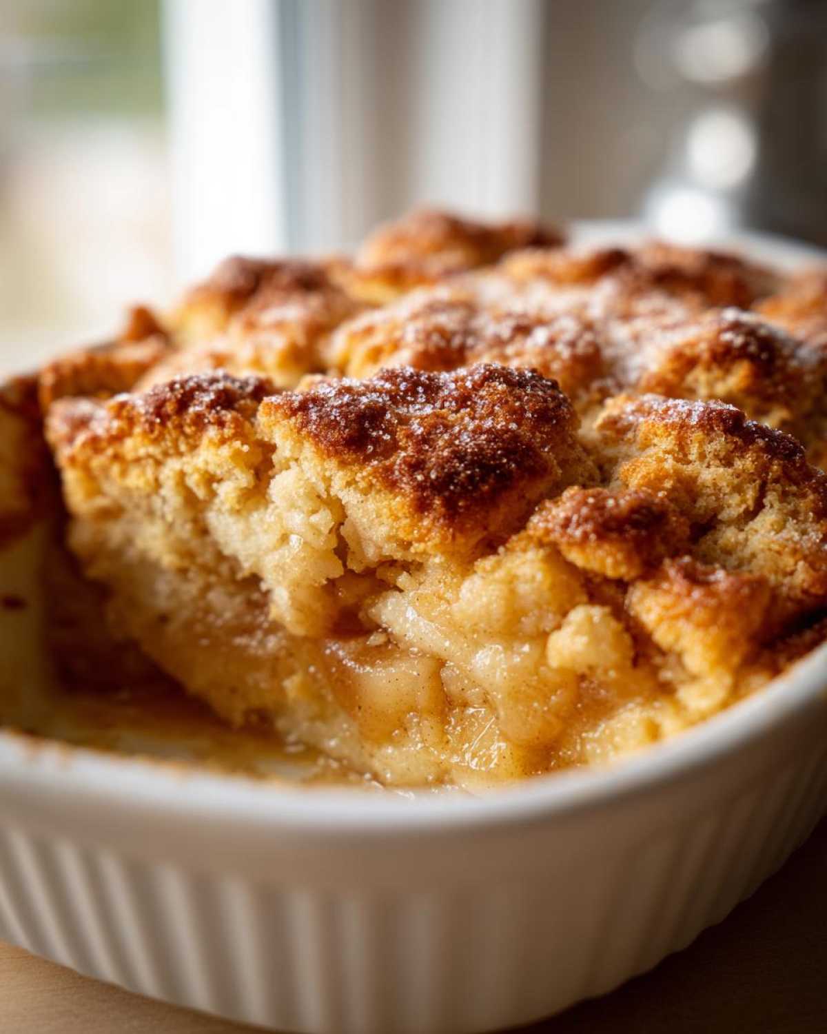 A close-up view of a portion of irresistible buttery apple cobbler recipe with a golden, sugary topping and soft apple filling.