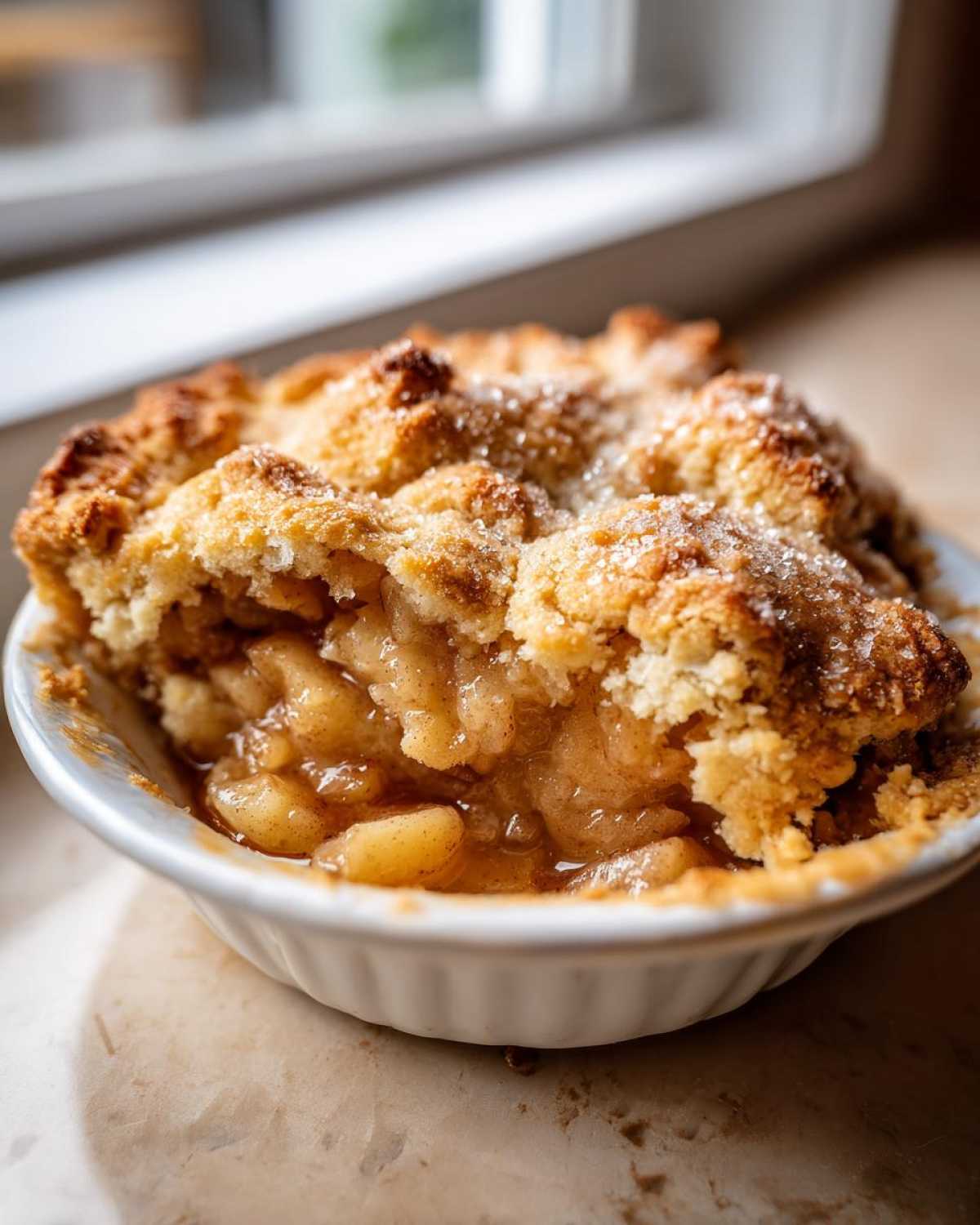 A close-up view of a serving of irresistible buttery apple cobbler recipe, showing the gooey cinnamon apples beneath the sugary, crumbly topping.