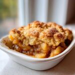 Close-up of a single serving of irresistible buttery apple cobbler with a crumbly topping in a white ramekin.