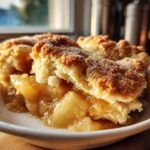 Close-up of a warm serving of irresistible buttery apple cobbler recipe, topped with coarse sugar.