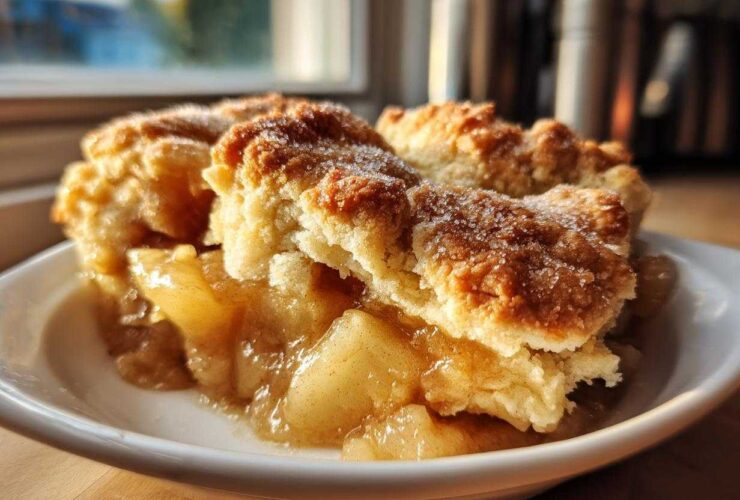 Close-up of a warm serving of irresistible buttery apple cobbler recipe, topped with coarse sugar.