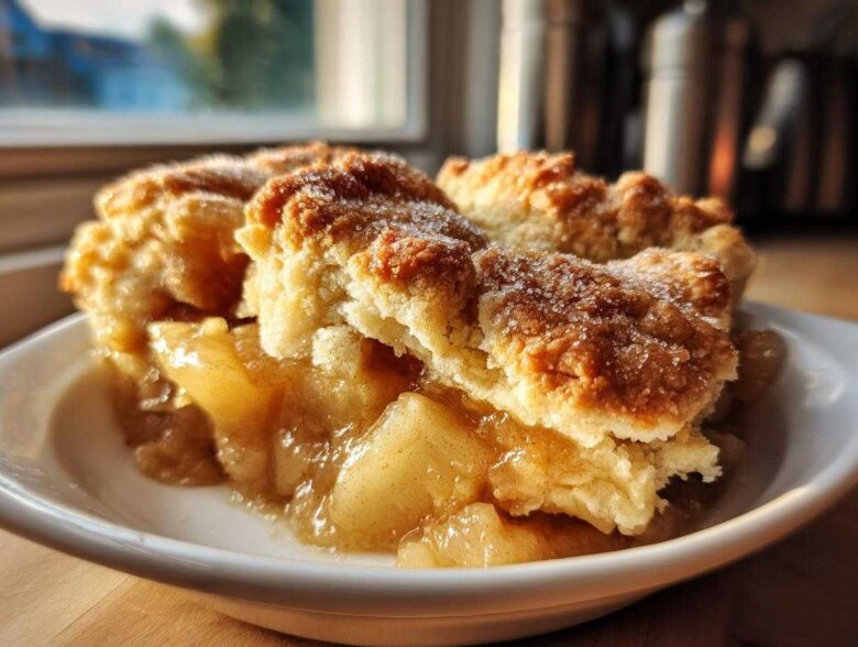 Close-up of a warm serving of irresistible buttery apple cobbler recipe, topped with coarse sugar.