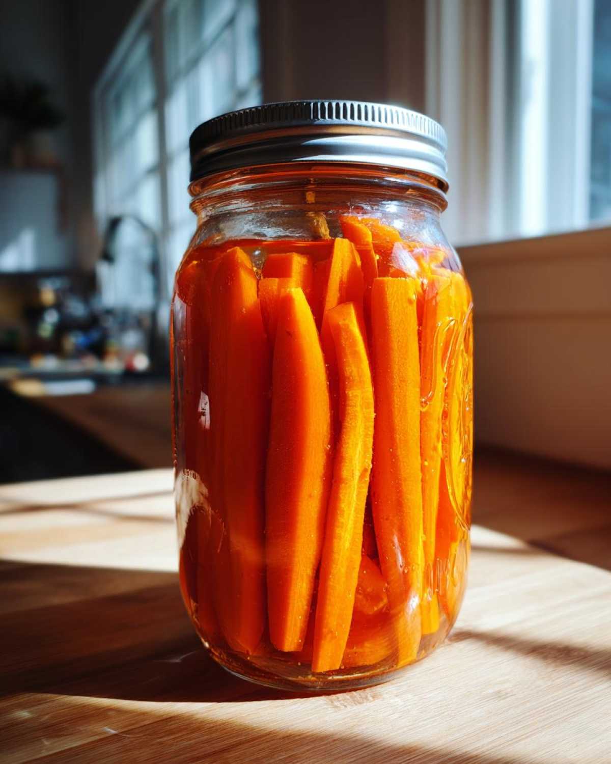 A glass mason jar filled with bright orange sticks of pickled carrots, sealed with a metal lid.