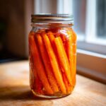 A glass jar filled with bright orange, stick-cut pickled carrots submerged in brine with visible spices.