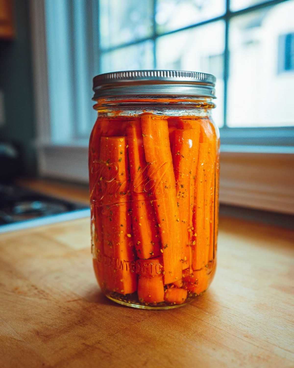 A glass Ball jar filled with bright orange pickled carrots sticks seasoned with herbs, sitting on a wooden counter.