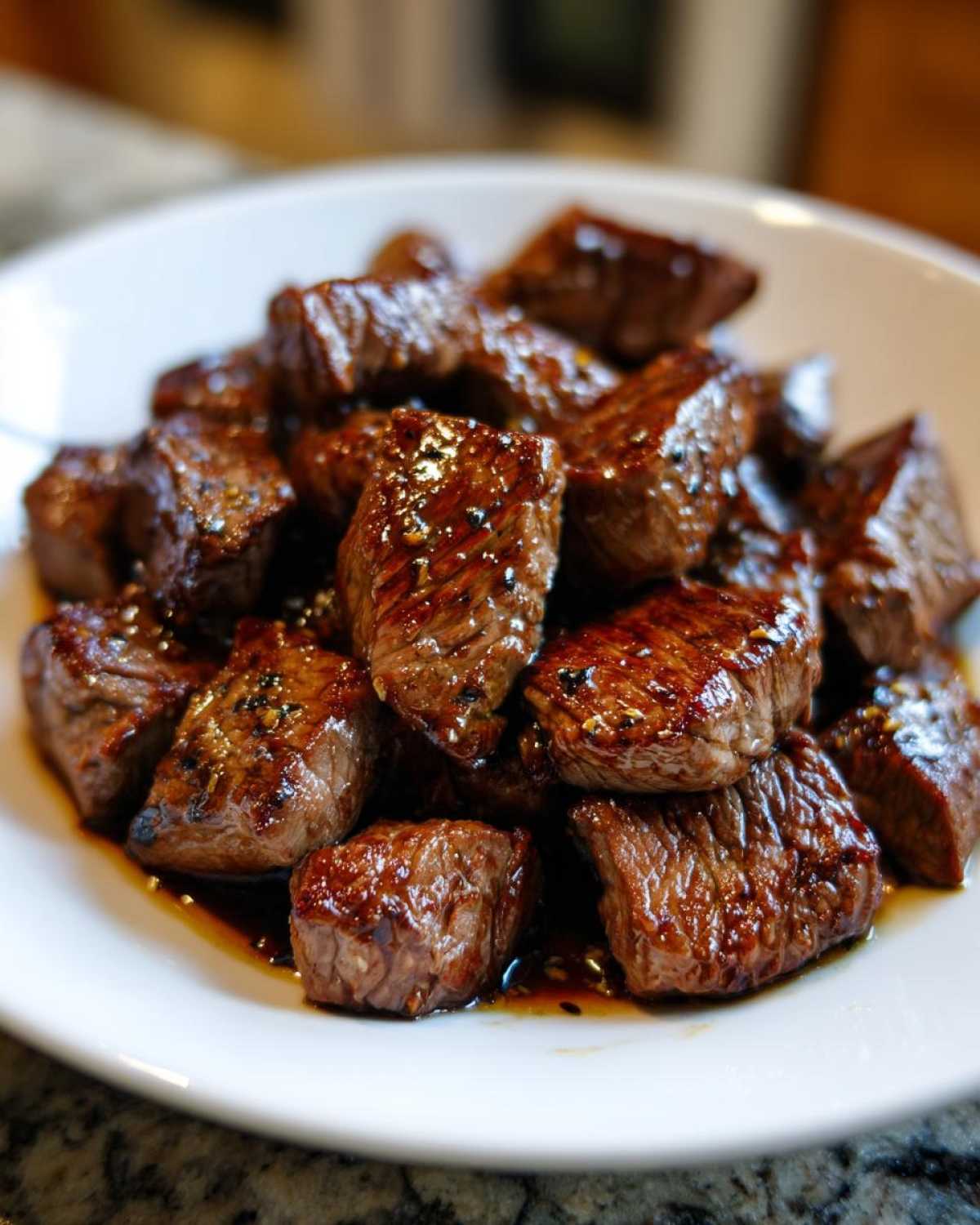 Close-up of perfectly cooked, glazed cubes of hibachi steak piled high on a white plate.