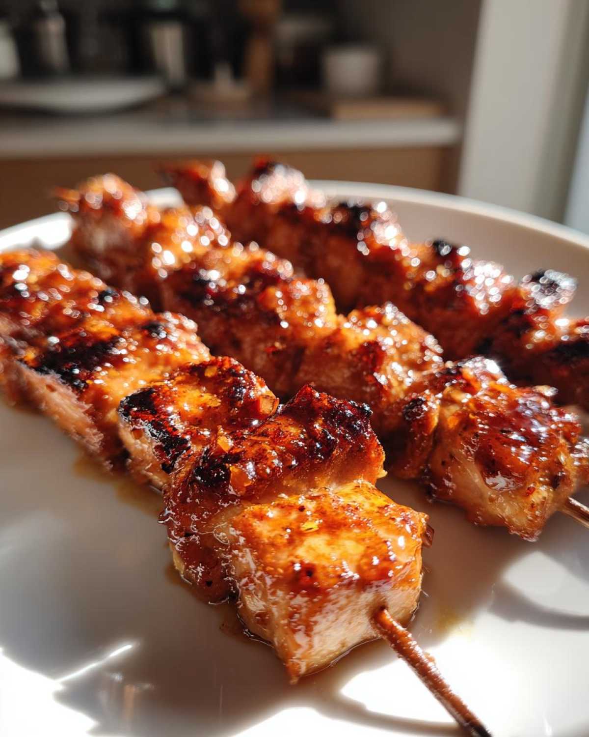 Close-up of three glistening, perfectly grilled honey garlic chicken skewers resting on a white plate.