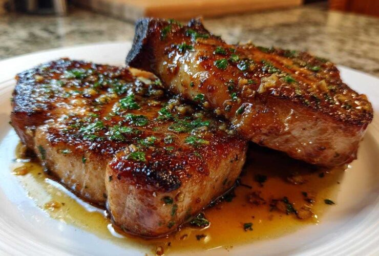 Two thick, juicy pork chops seared to perfection and covered in a glossy garlic butter sauce and fresh parsley.