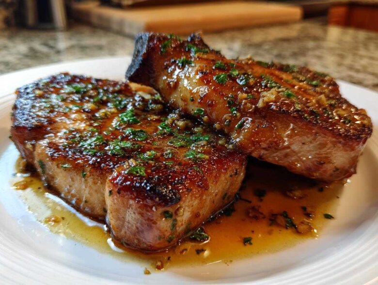 Two thick, juicy pork chops seared to perfection and covered in a glossy garlic butter sauce and fresh parsley.