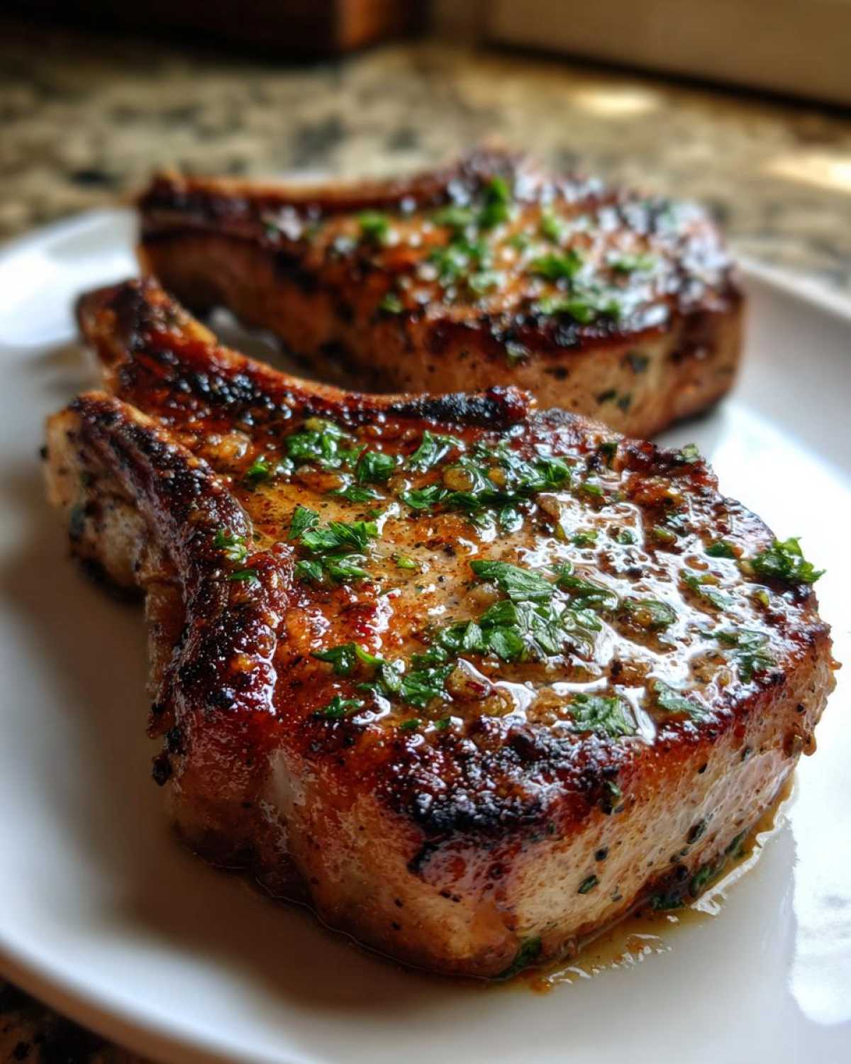 Close-up of two perfectly seared and glazed pork chops topped with fresh chopped parsley.