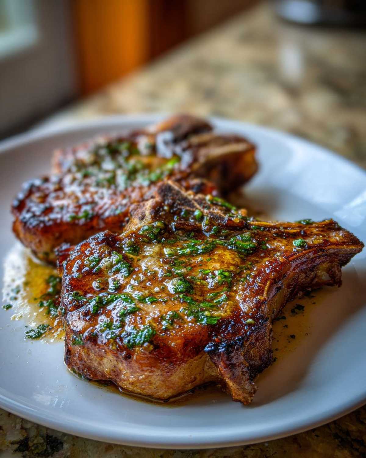 Close-up of two juicy, pan-seared pork chops topped with melted herb butter sauce.
