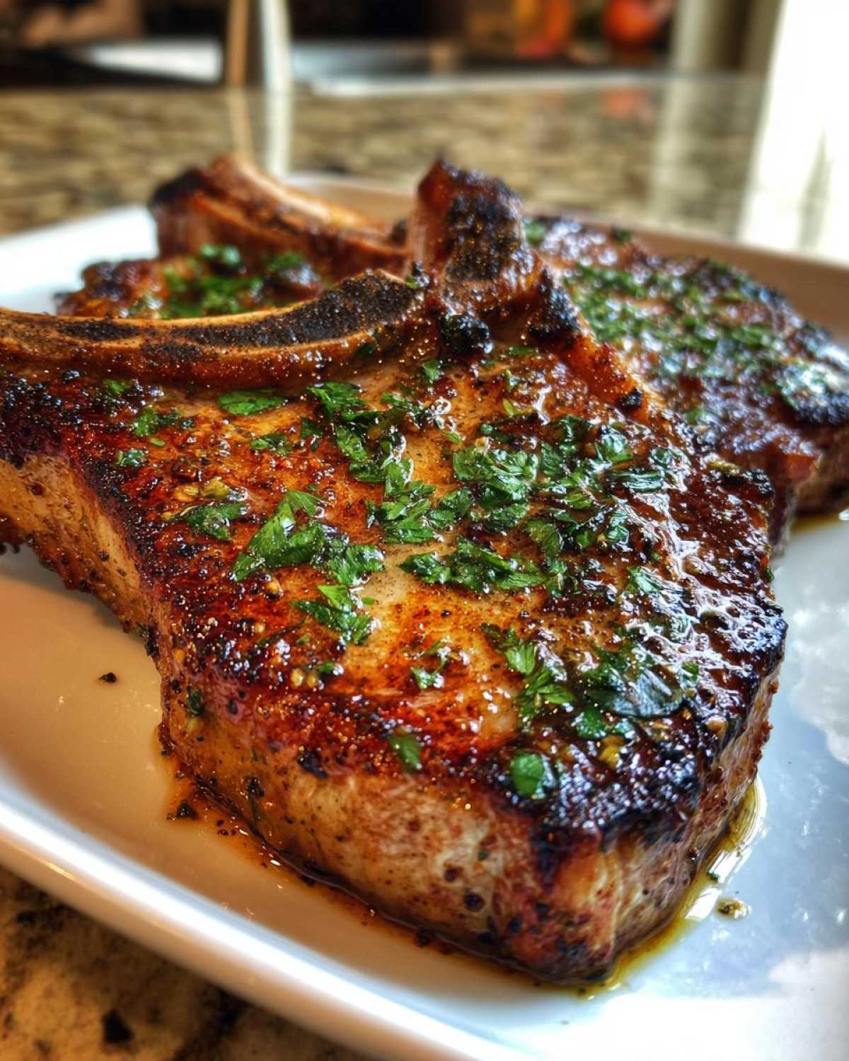 Close-up of two perfectly seared, juicy pork chops garnished with fresh chopped parsley.
