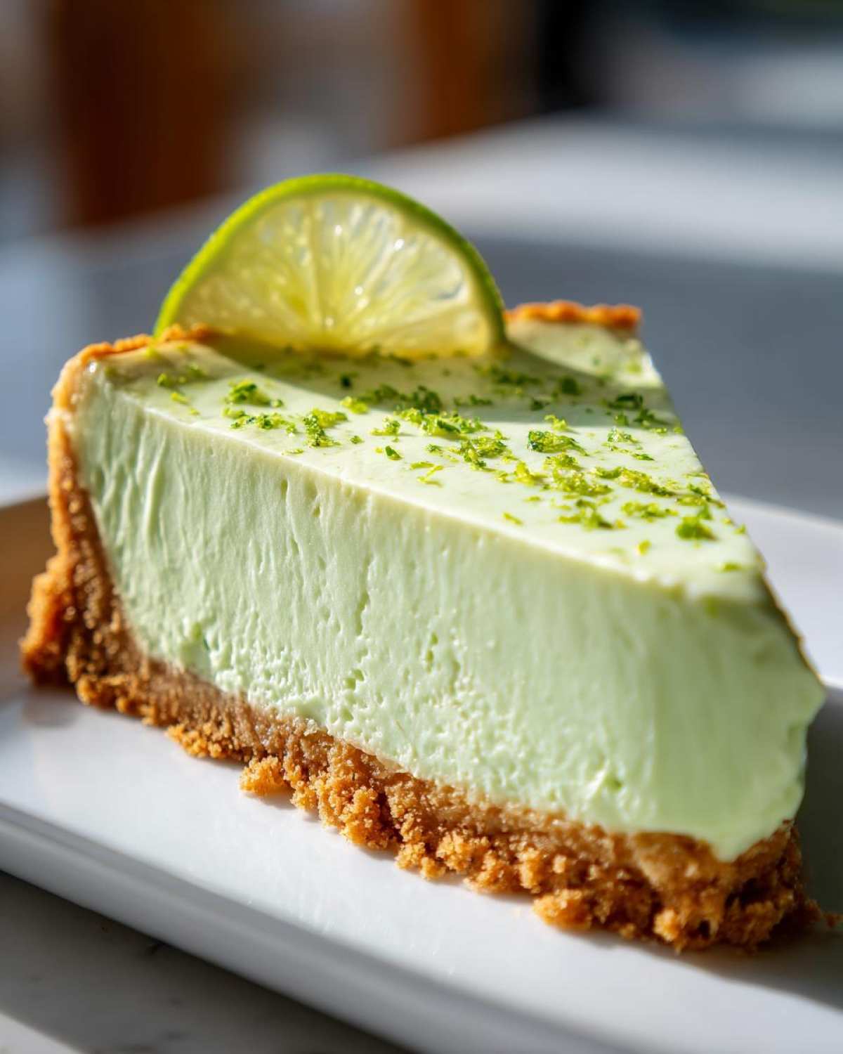 A perfect slice of creamy, light green key lime cheesecake sitting on a white plate, topped with zest and a lime wheel.