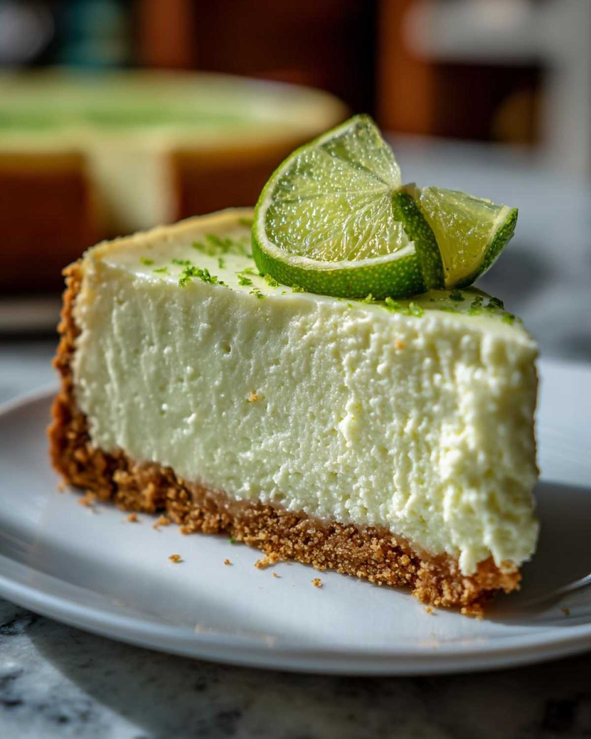 A close-up of a creamy slice of key lime cheesecake on a white plate, topped with fresh lime zest and lime wedges.