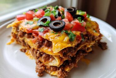 A generous slice of 8-layer mexican pizza, showing layers of seasoned beef and cheese, topped with tomatoes, olives, and cilantro.