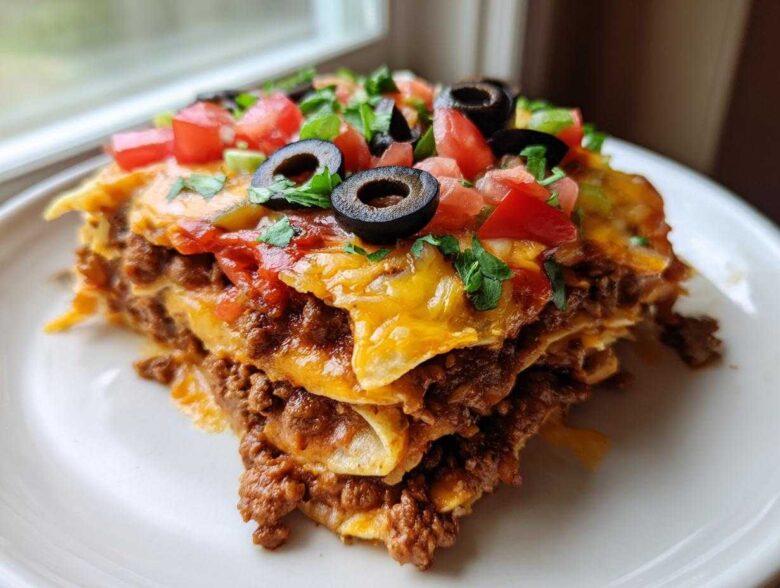 A generous slice of 8-layer mexican pizza, showing layers of seasoned beef and cheese, topped with tomatoes, olives, and cilantro.
