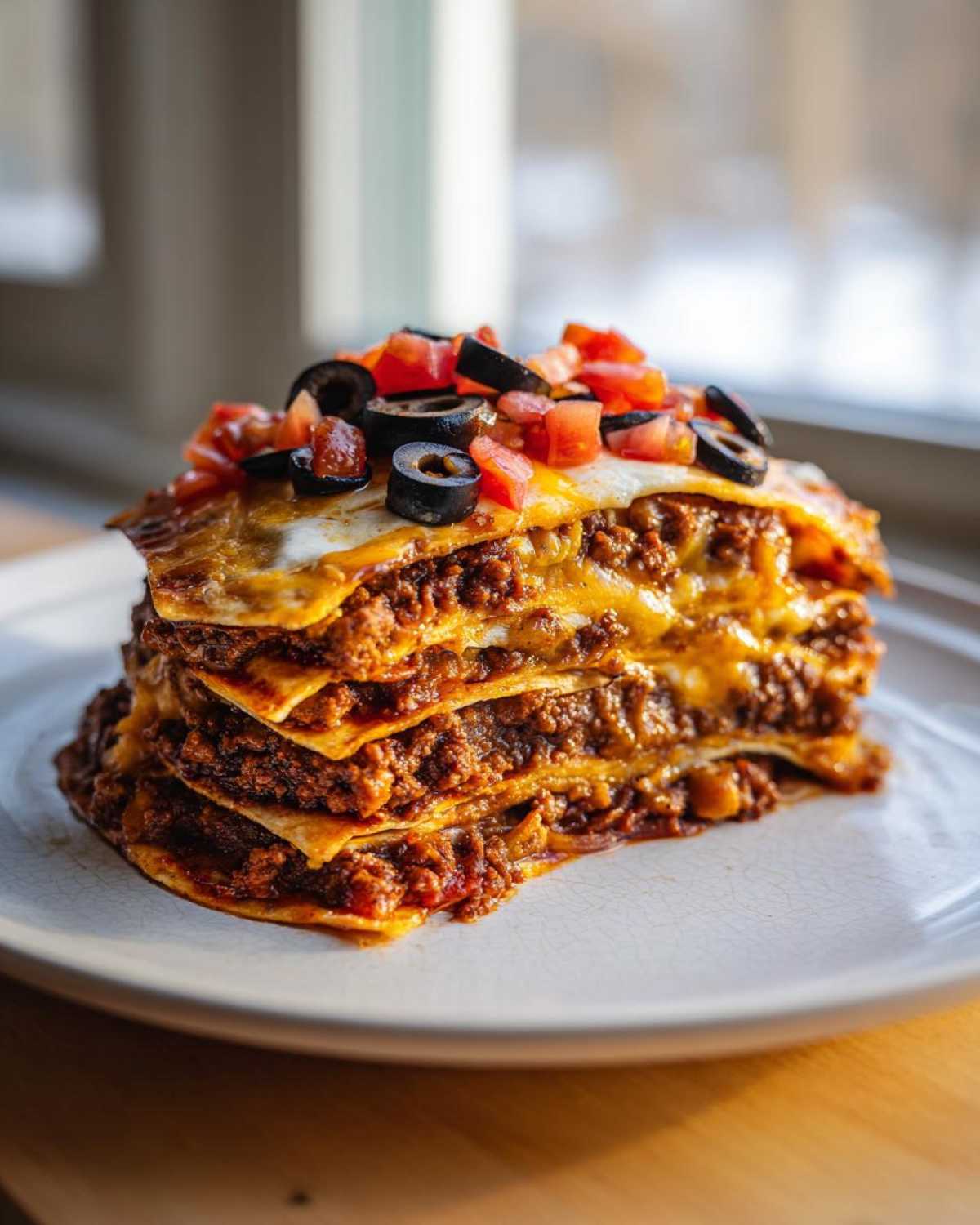 A tall, layered slice of Mexican pizza featuring seasoned ground beef, cheese, and topped with diced tomatoes and black olives.