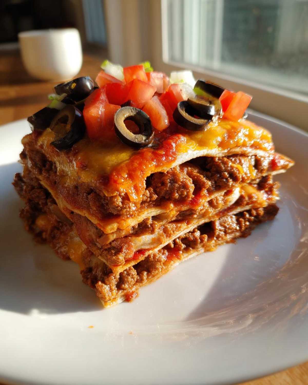 A cross-section view of a layered mexican pizza slice topped with melted cheese, olives, and diced tomatoes.