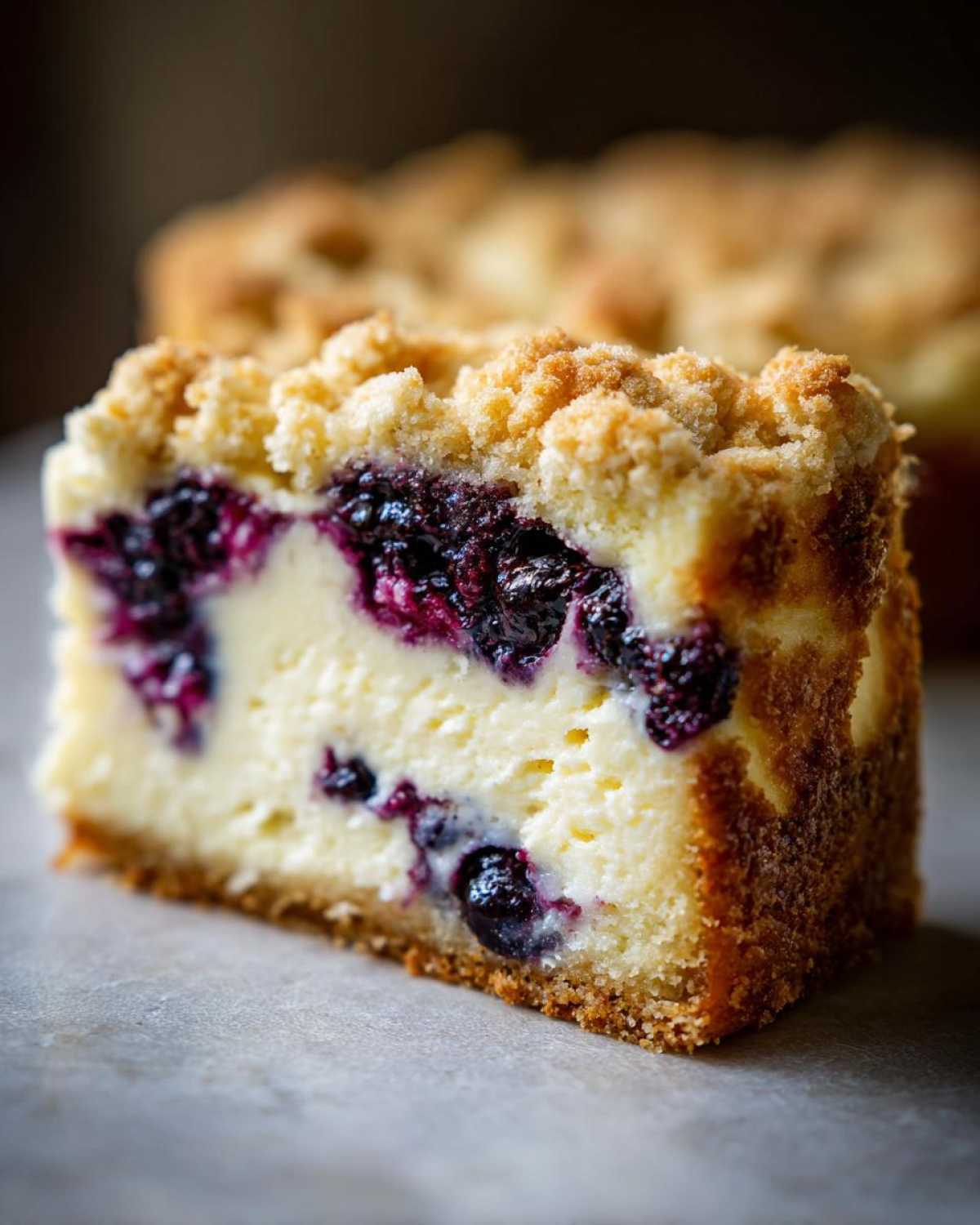 Close-up of a rich, creamy slice of lemon blueberry crumble cheesecake showing the graham cracker crust and crumb topping.