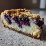 A close-up of a rich slice of lemon blueberry crumble cheesecake showing layers of crust, creamy filling, and fruit.
