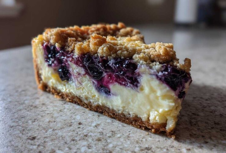 A close-up of a rich slice of lemon blueberry crumble cheesecake showing layers of crust, creamy filling, and fruit.