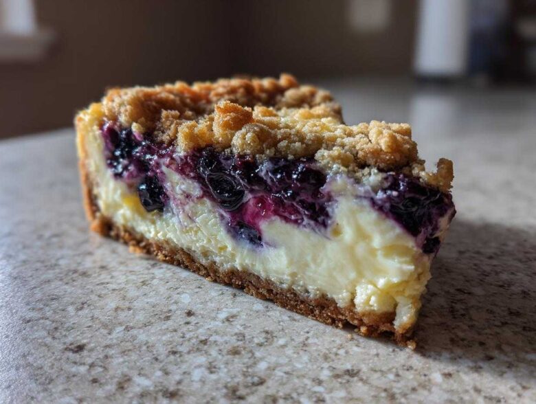 A close-up of a rich slice of lemon blueberry crumble cheesecake showing layers of crust, creamy filling, and fruit.