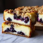 Two stacked slices of creamy lemon blueberry crumble cheesecake showing the rich blueberry swirl and crumb topping.