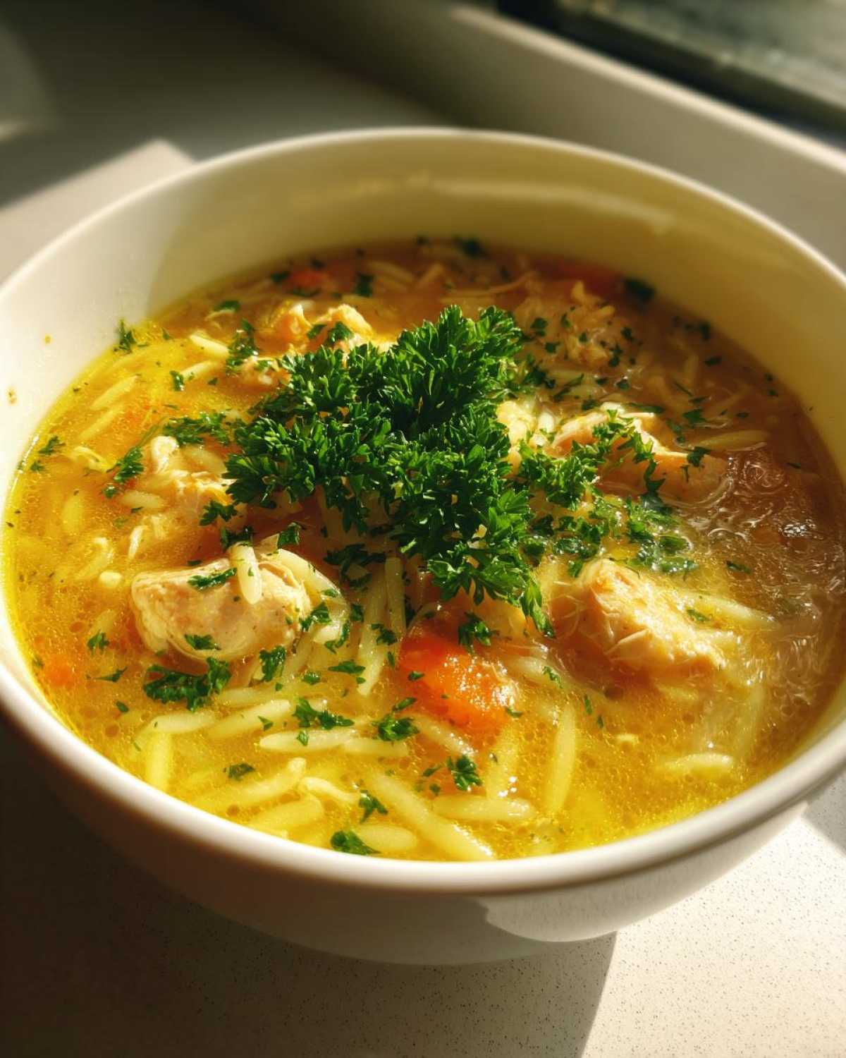 A close-up of a white bowl filled with bright yellow chicken orzo soup, garnished heavily with fresh parsley.