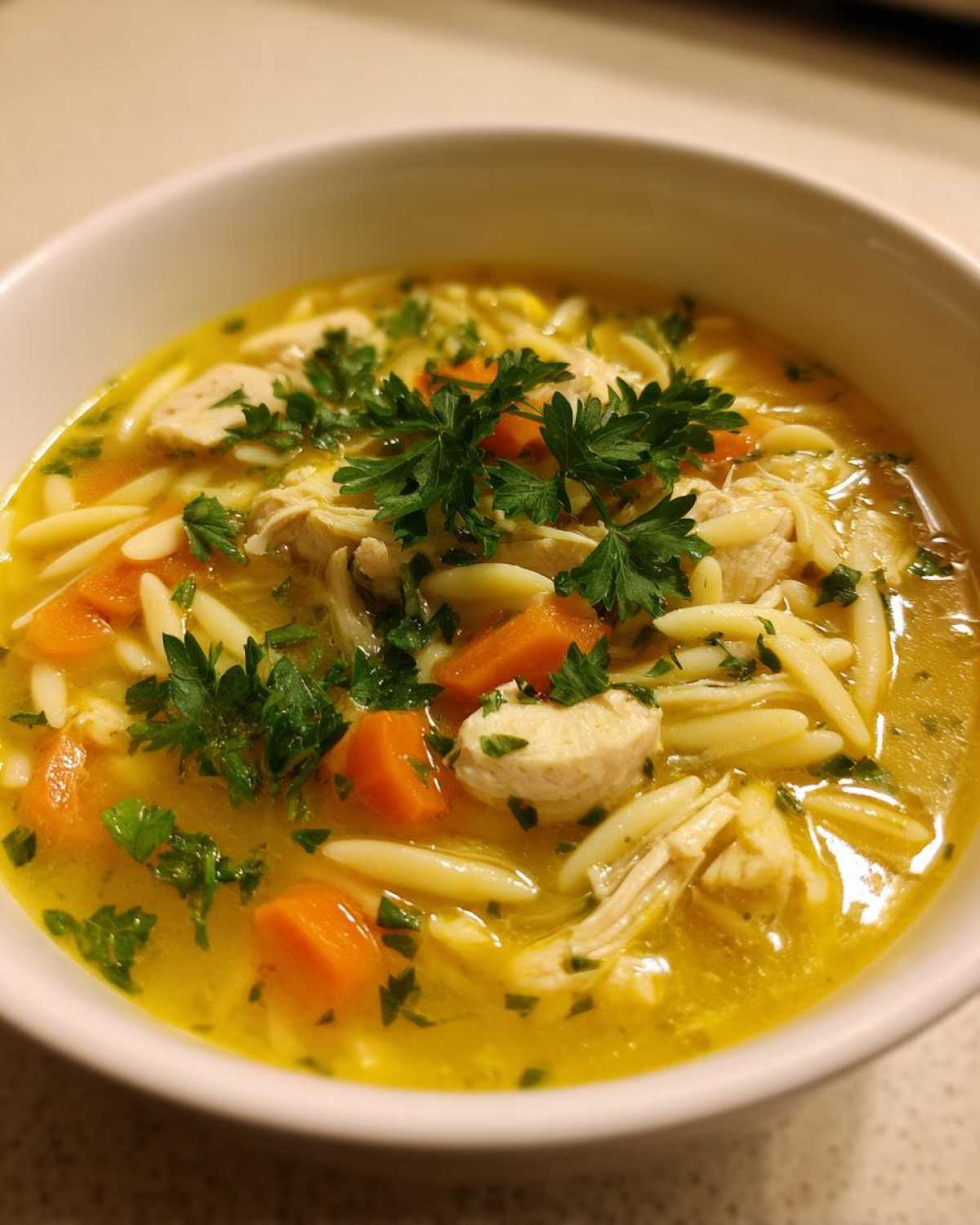 A close-up view of a bowl of bright yellow chicken orzo soup, featuring chunks of chicken, carrots, orzo pasta, and fresh parsley garnish.