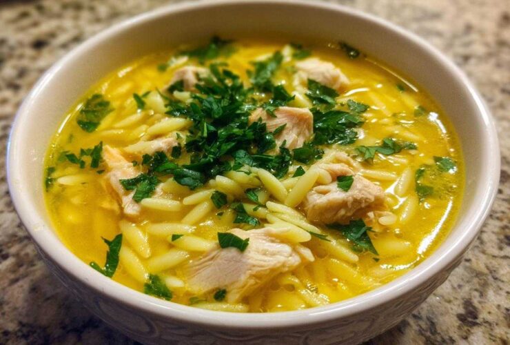 A close-up view of a bowl filled with bright yellow chicken orzo soup, featuring chunks of chicken and topped with fresh parsley.