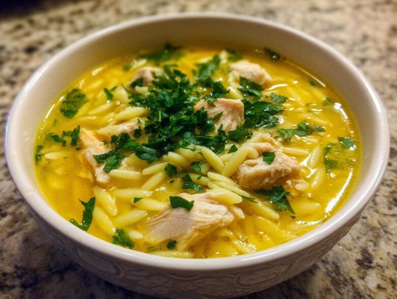 A close-up view of a bowl filled with bright yellow chicken orzo soup, featuring chunks of chicken and topped with fresh parsley.