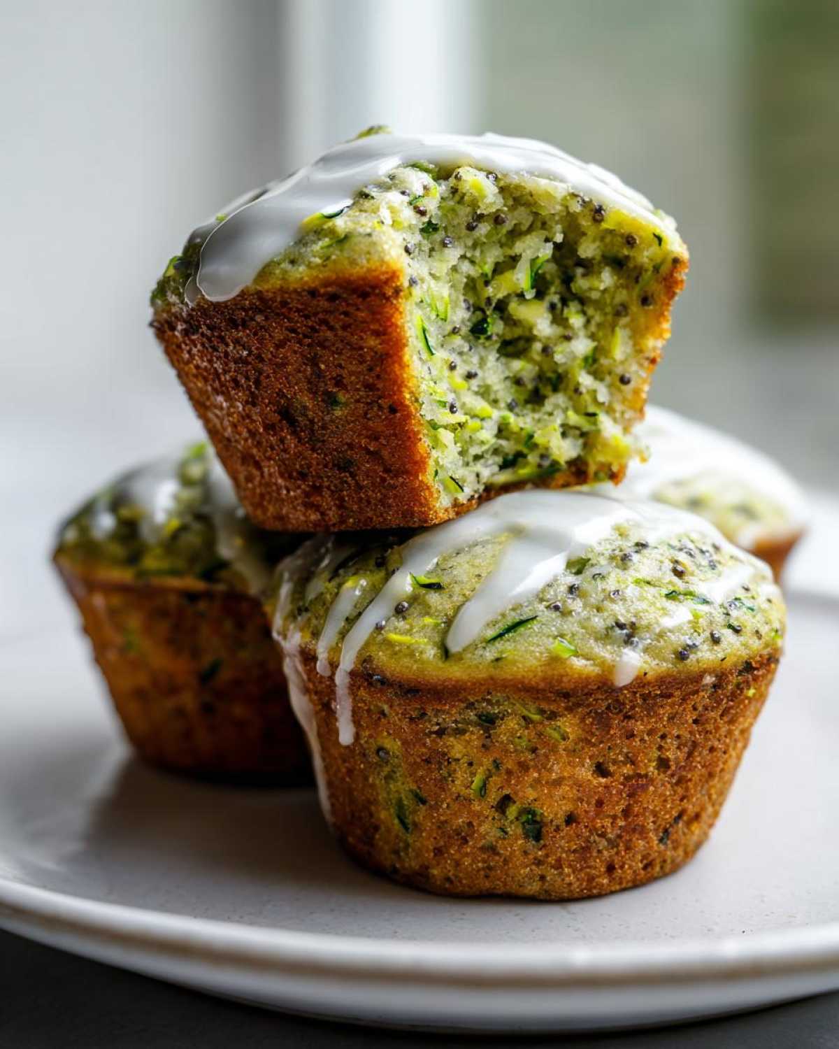 A stack of three moist Lemon Poppy Seed Zucchini Muffins topped with a white lemon glaze, one muffin is broken open.
