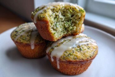 Close-up of three Lemon Poppy Seed Zucchini Muffins stacked, one cut open showing moist texture and zucchini shreds.